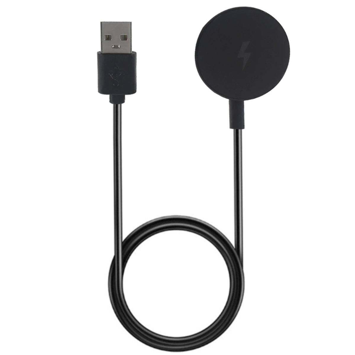 Black magnetic wireless charging cable with a USB connector and a circular charging pad.