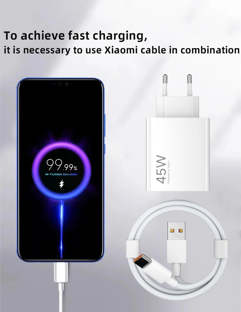 A white 45W fast charging USB-C cable is shown connected to a smartphone displaying a 99.99% charge level.