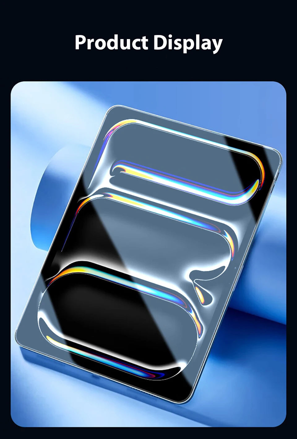 A display showing a tempered glass screen protector applied to an iPad screen.