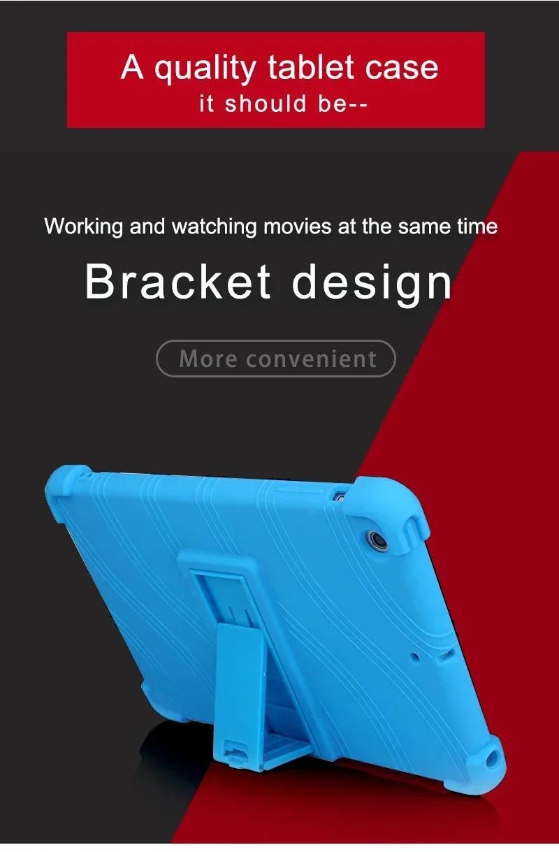 Funda de tableta de silicona azul brillante con diseño de soporte para pie de cabra.