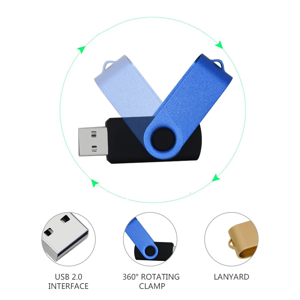A blue and black USB flash drive with a rotating clamp mechanism and lanyard attached.