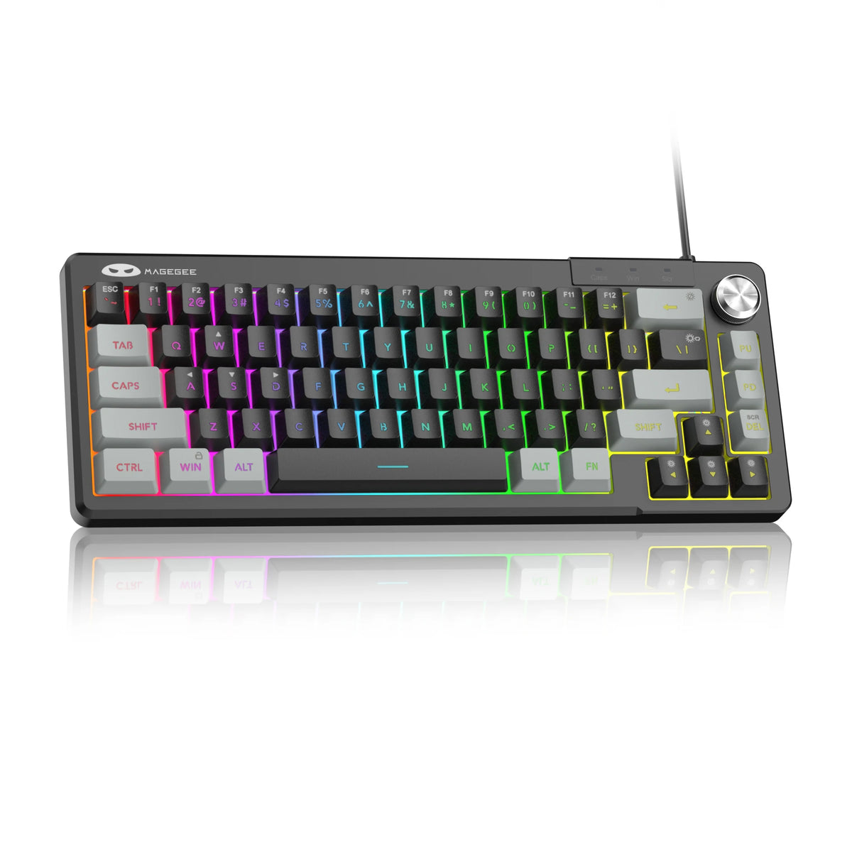 A black 68-key RGB backlit wired keyboard with various function keys and media controls.