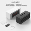 Packing list showing an aroma diffuser, USB cable, remote control, and instruction manual.