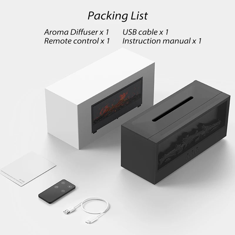 Packing list showing an aroma diffuser, USB cable, remote control, and instruction manual.