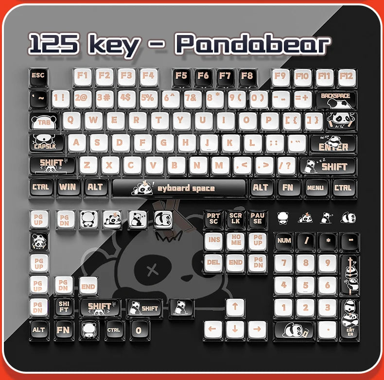 A close-up view of a black mechanical keyboard featuring 125 keypads with PandaBear themed keycaps.