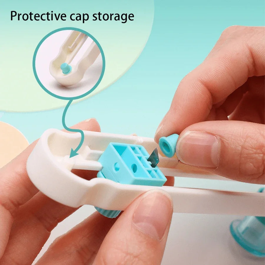 A hand holds a white tool for protective cap storage, showing the mechanism used to store and protect caps.