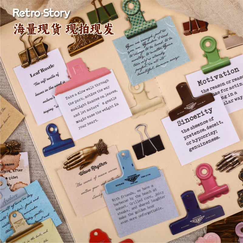 A collection of vintage clip themed stickers for journaling and scrapbooking featuring various colors and designs.