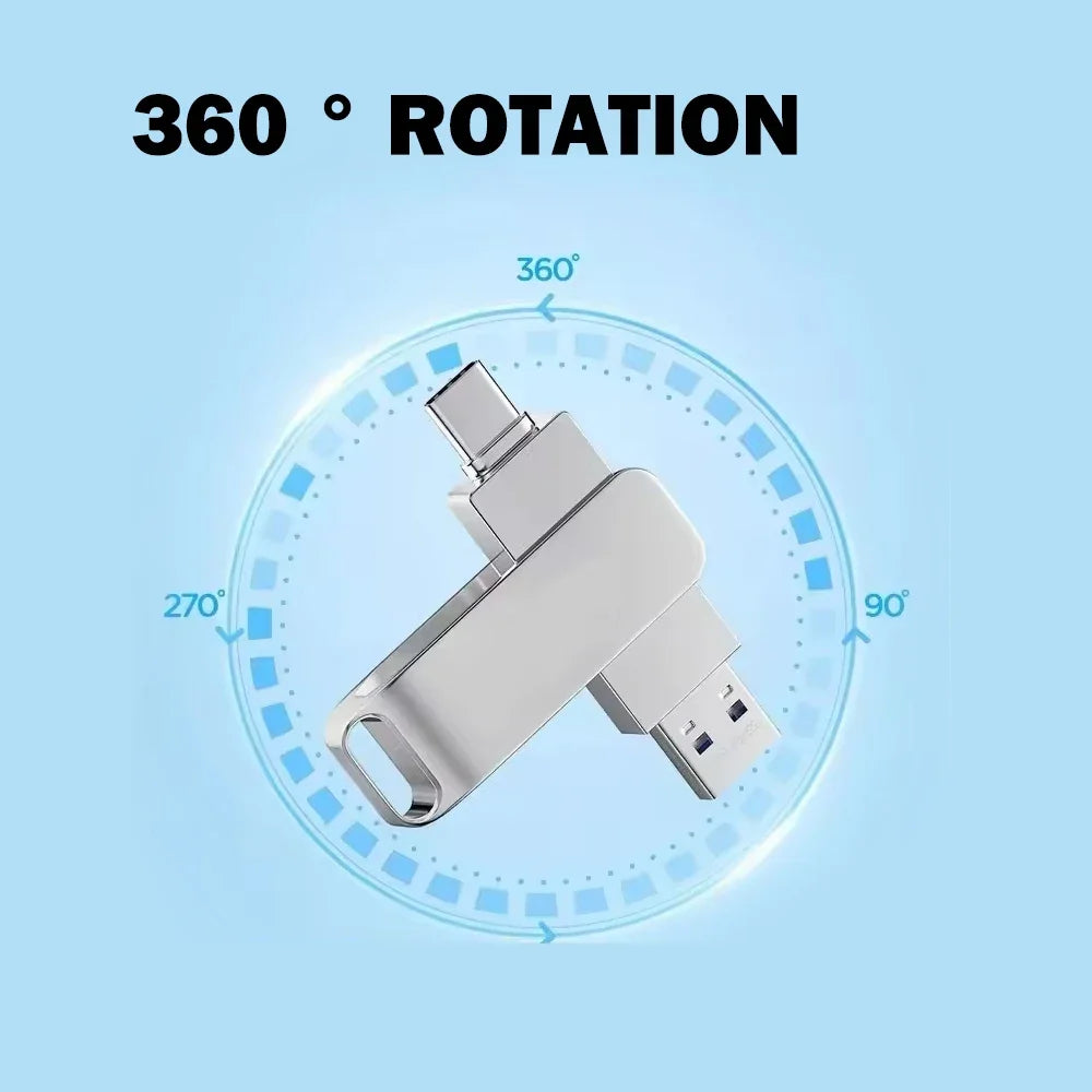 A silver high-speed Type-C USB flash drive is shown rotating 360 degrees on a light blue background.