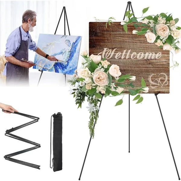 A portable black metal painting easel displaying a landscape artwork with floral decorations.