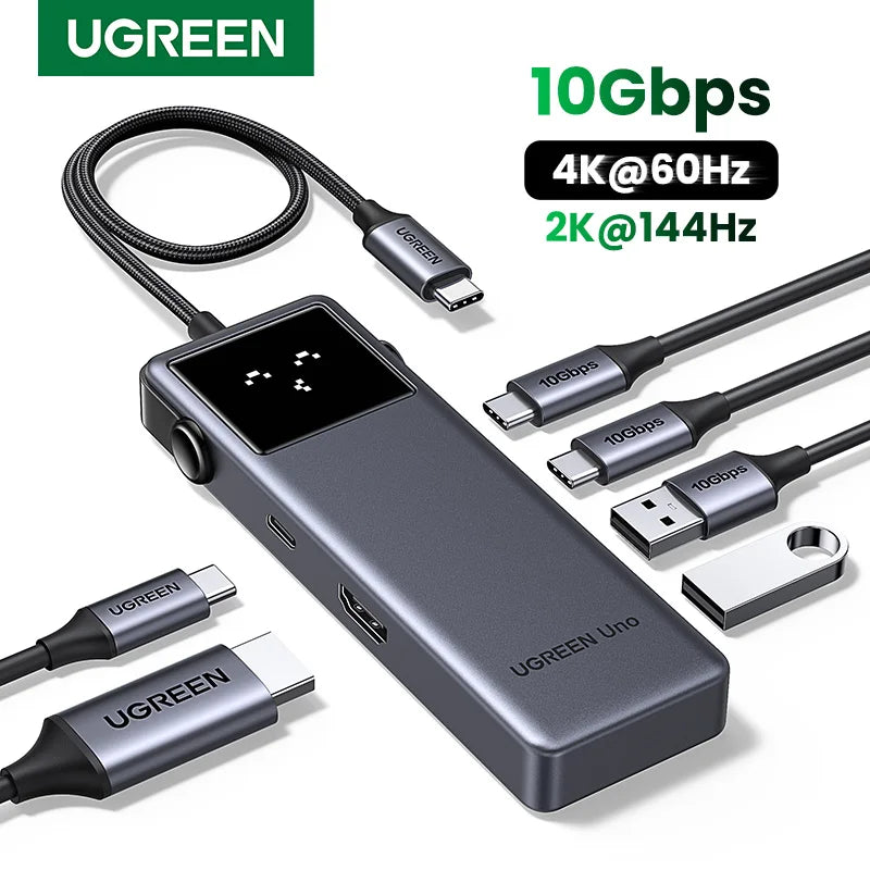 A UGREEN Uno USB-C hub with multiple connectors and cables shown next to performance specifications.