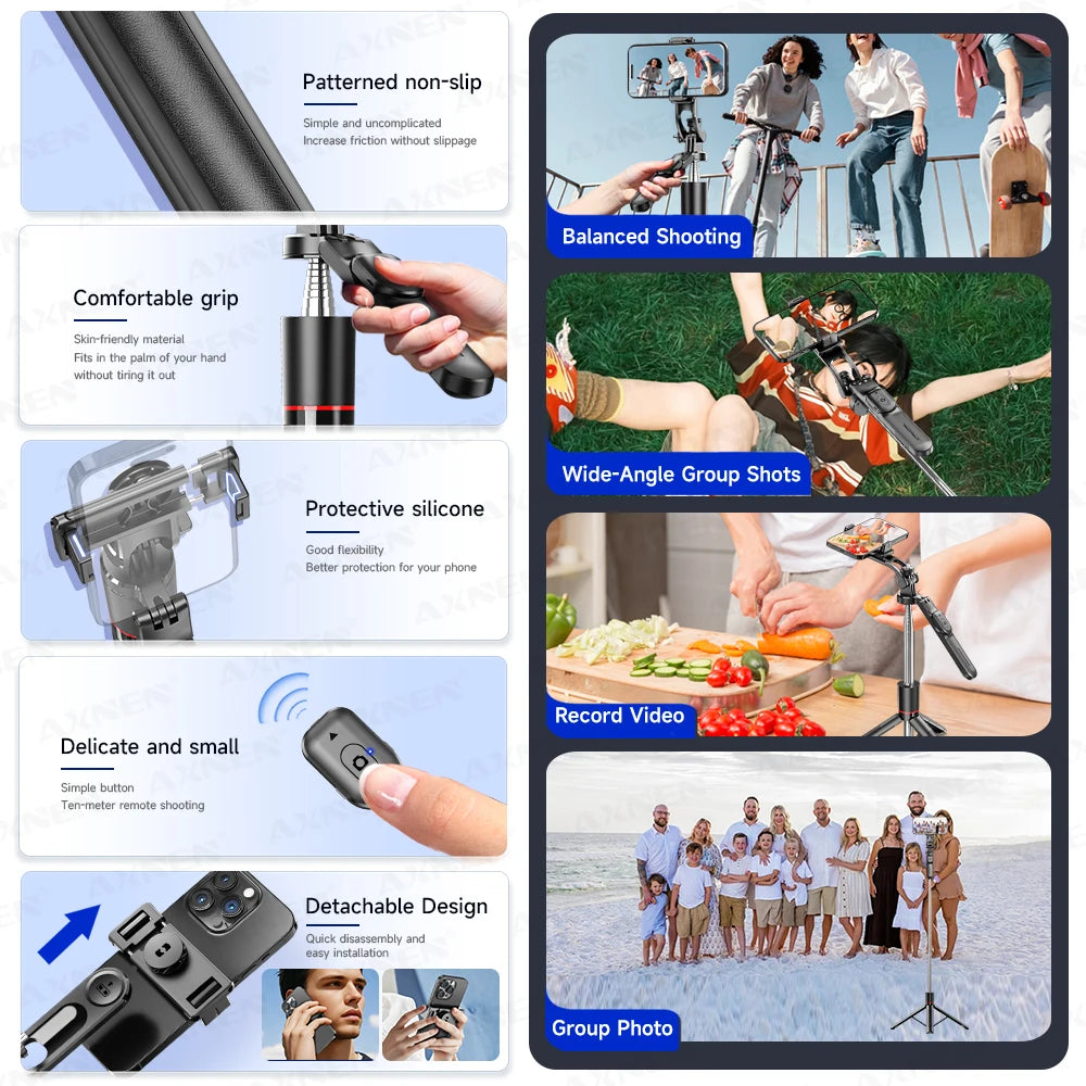 A collection of features for an extendable selfie stick tripod including patterned non-slip grip, comfortable grip, protectiv