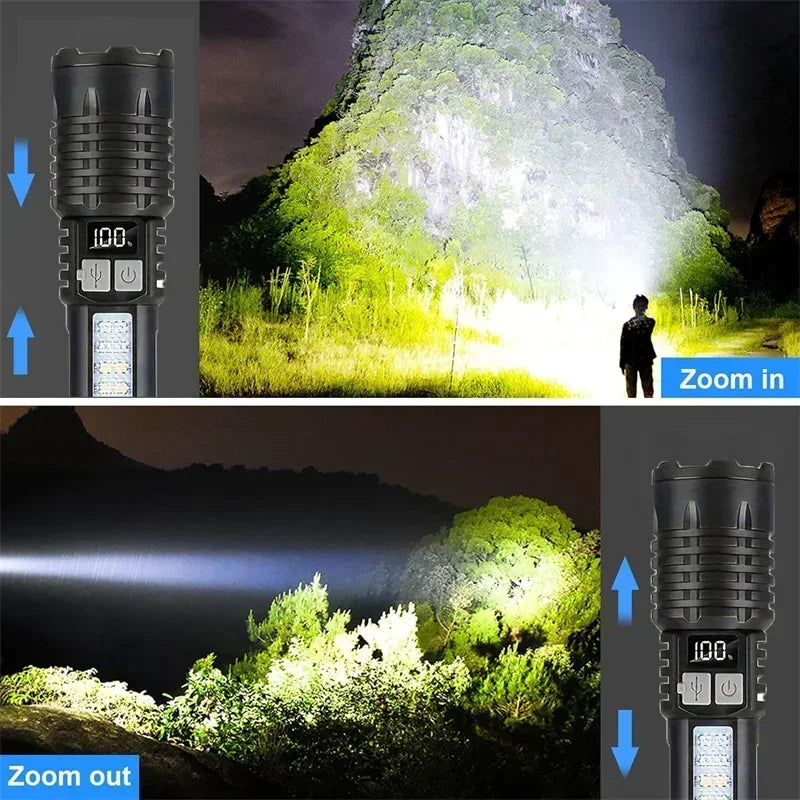 A tactical LED flashlight demonstrates zoom features, showing a bright beam illuminating foliage.