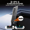 A foldable cable and stand accessory for phones, shown next to a smartphone and various thickness comparisons.