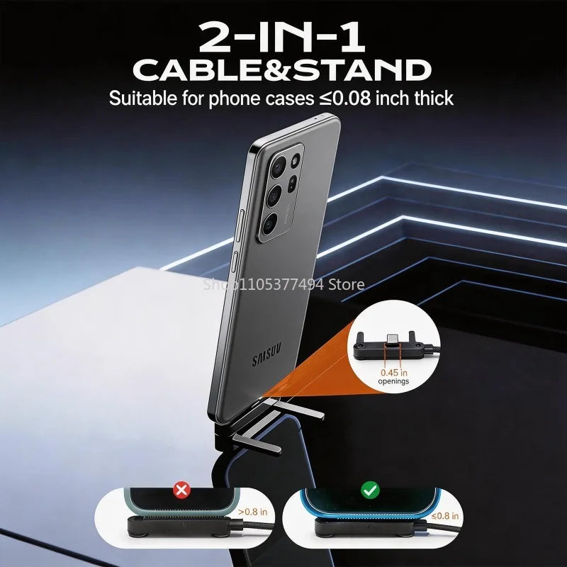 A foldable cable and stand accessory for phones, shown next to a smartphone and various thickness comparisons.