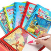 A set of colorful magic water drawing and coloring notebooks with spiral binding shown open on a white surface.