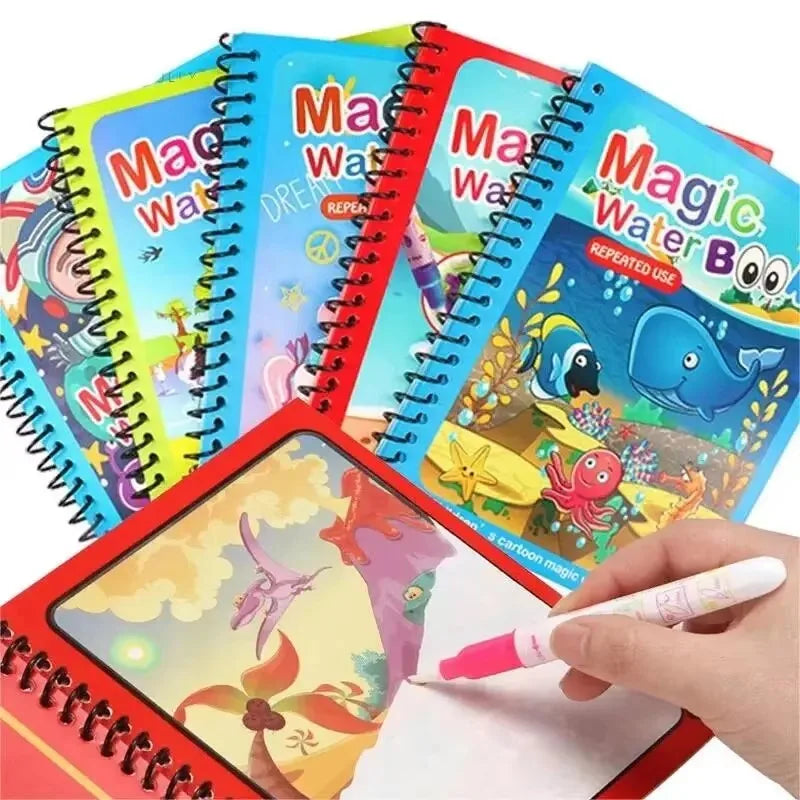 A set of colorful magic water drawing and coloring notebooks with spiral binding shown open on a white surface.