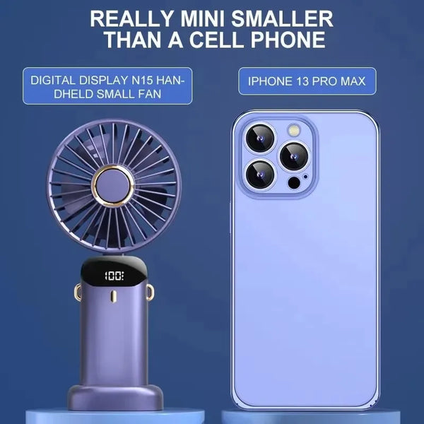 Un ventilateur portable rechargeable USB violet et un support de téléphone à côté d'un iPhone 13 Pro Max.