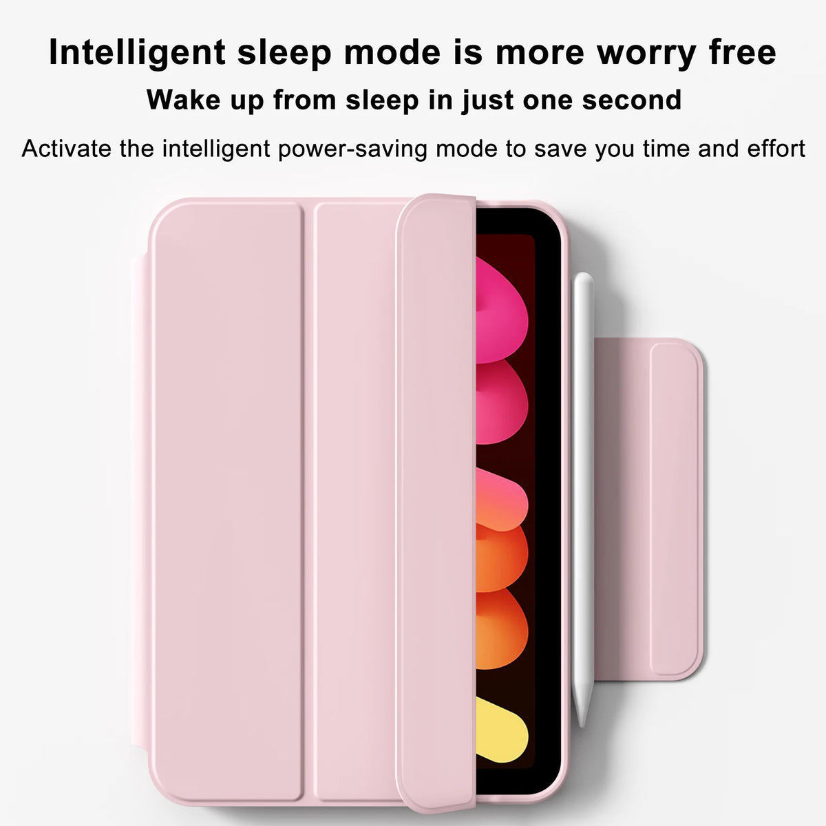 A pink magnetic rotating protective case for an Apple iPad is shown, highlighting its intelligent sleep mode feature.