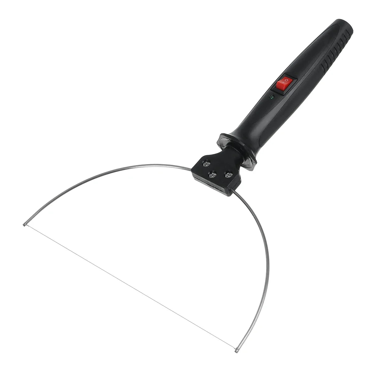 A black electric styrofoam cutting pen with a red switch and a curved metal blade.