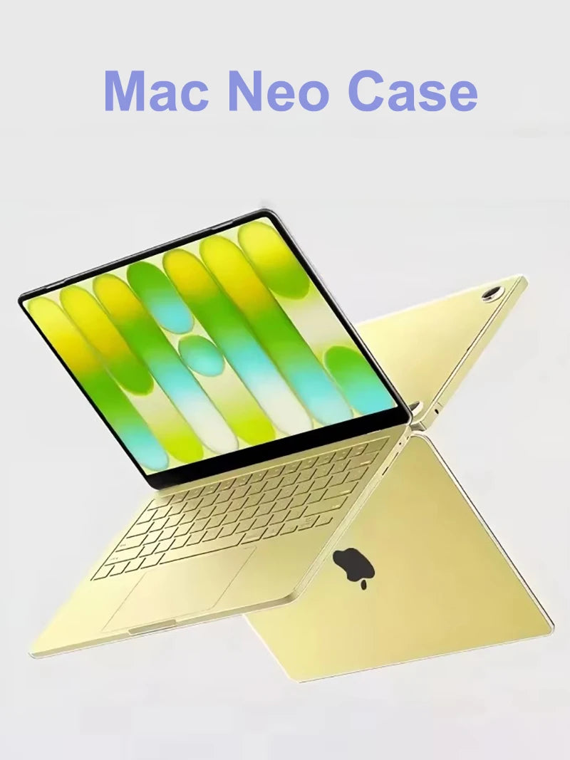 Una funda amarilla Mac Neo protege una laptop, con la tapa abierta mostrando componentes internos coloridos.