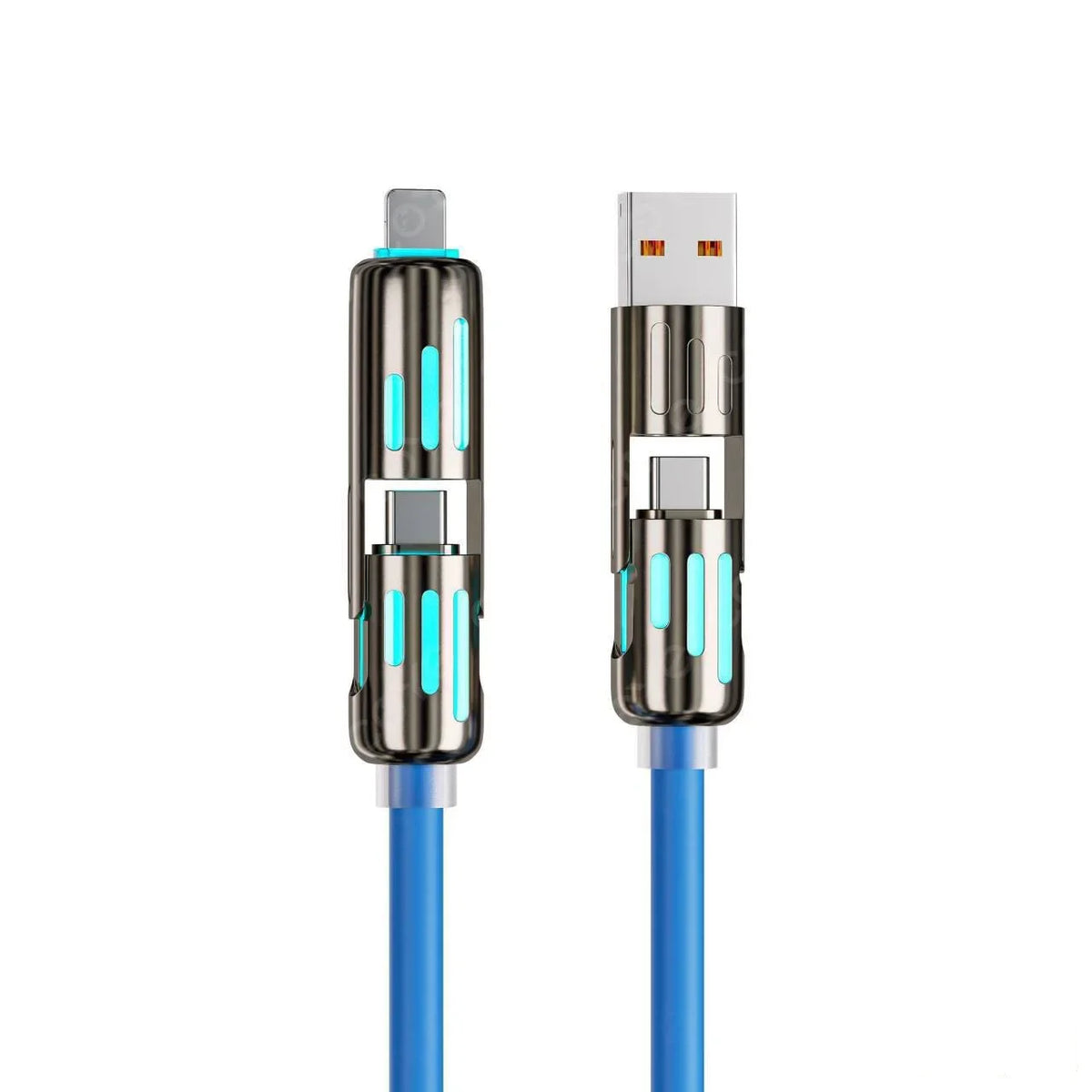 Multifunktionales USB-C-Kabel mit Metallanschluss und blauem Kabel, für schnelles Laden und Daten-Sync.