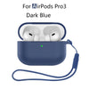 A dark blue AirPods Pro 3 case with a silicone protective cover and attached charging cable.