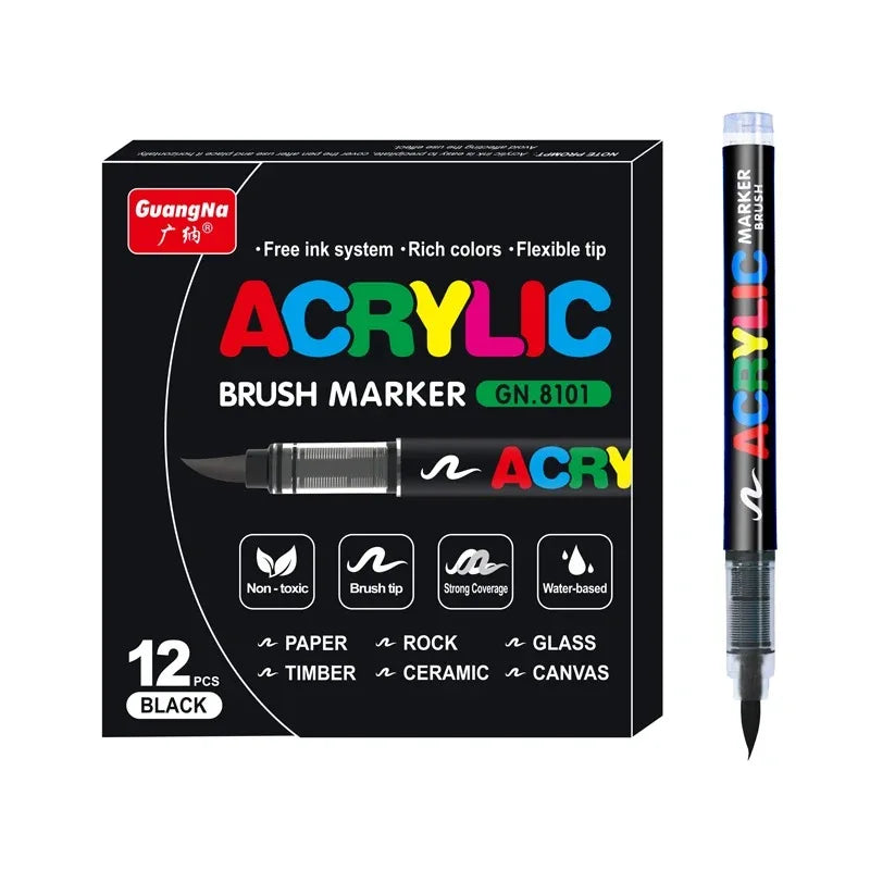 A set of black acrylic brush markers with flexible tips and various colors for art and crafts.