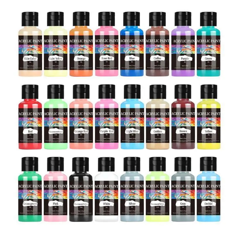 Eine Sammlung von Acrylfarbpigmenten in verschiedenen Farben, darunter rot, gelb, grün, rosa und schwarz.