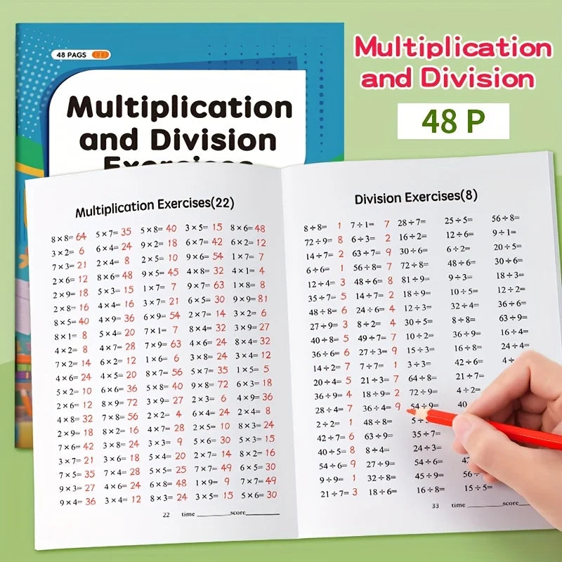 Página de un libro de ejercicios de multiplicación y división para estudiantes.