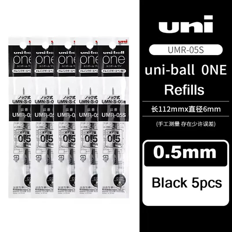 A set of black Uni-Ball ONE refills and a Uni-ball ONE pen are displayed on a white background.