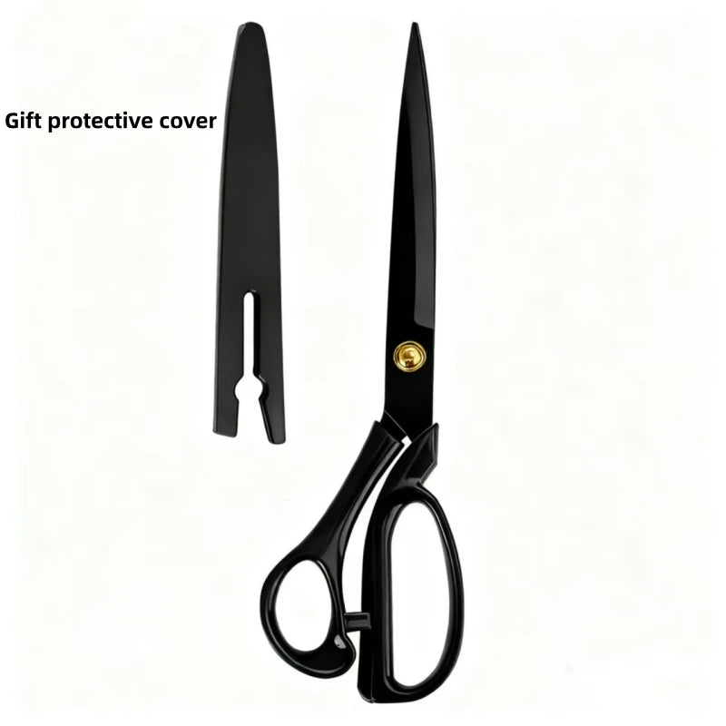 A pair of black professional tailor scissors with a protective cover shown against a white background.