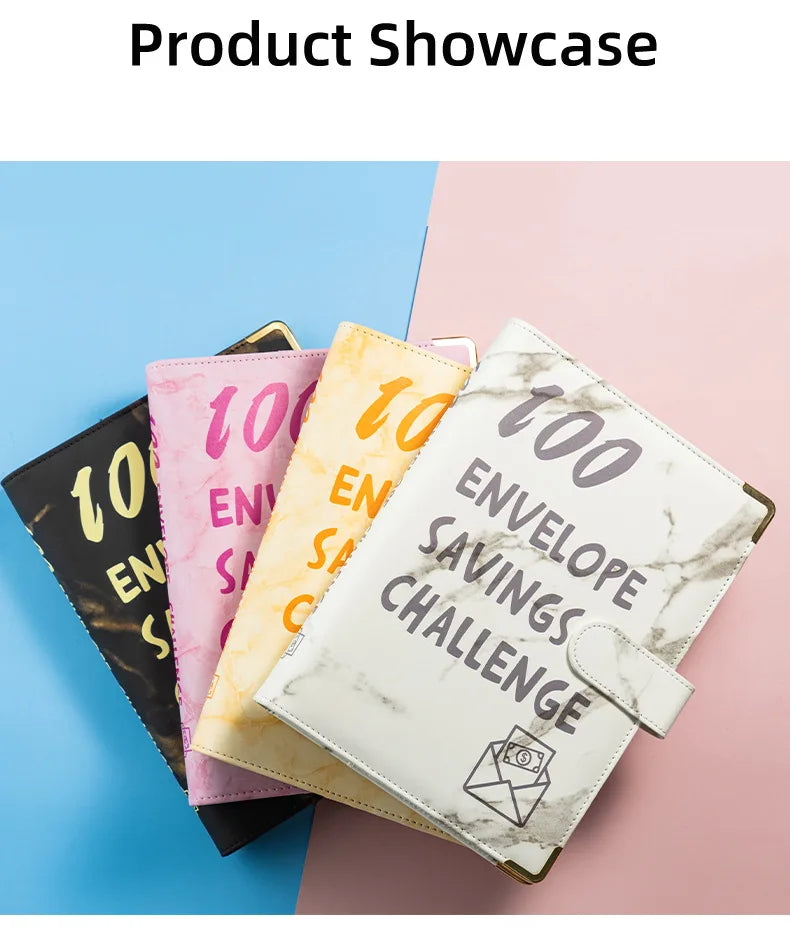 A showcase of an A5 marble budget binder with ten envelopes for a savings challenge.