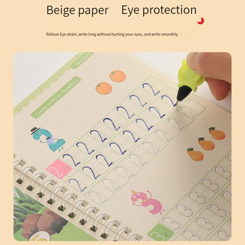 A beige paper notebook showing guided writing practice with numbers and letters for children.