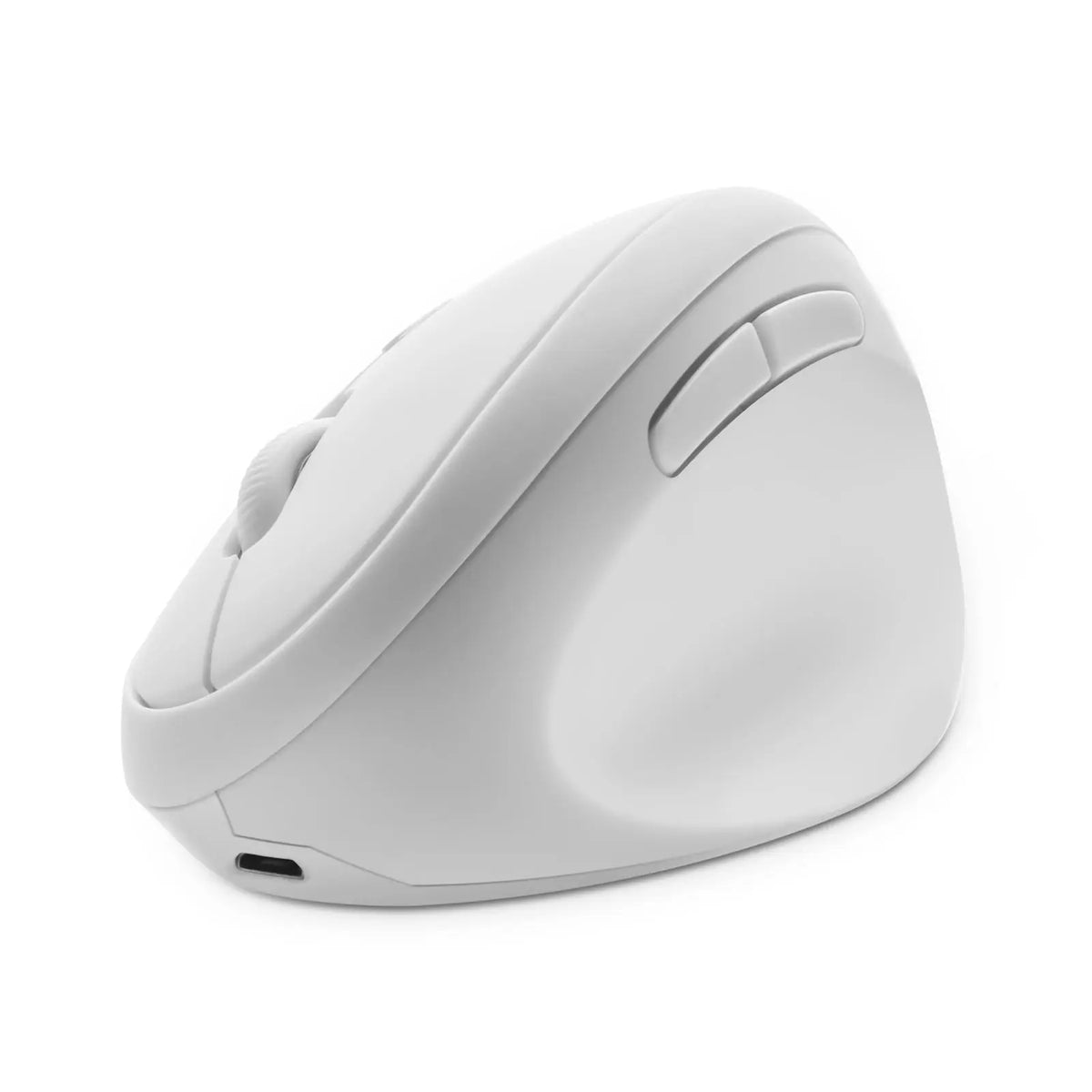 A white ergonomic vertical wireless gaming mouse shown from above.