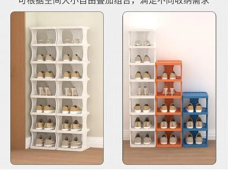 A set of portable plastic shoe hangers displayed in white and orange storage racks.
