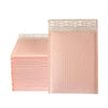 A stack of pink bubble mailers, self-sealing padded envelopes, is shown in a vertical layout.