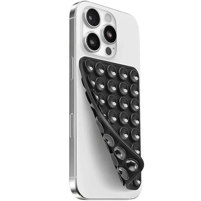 A white smartphone case featuring a black silicone suction cup mount with a double-sided grip.