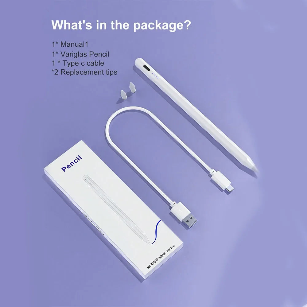A white precision stylus pen and accessories are shown on a purple background.