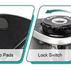 Features of an electric pencil sharpener including a transparent window, non-slip pads, and a lock switch.