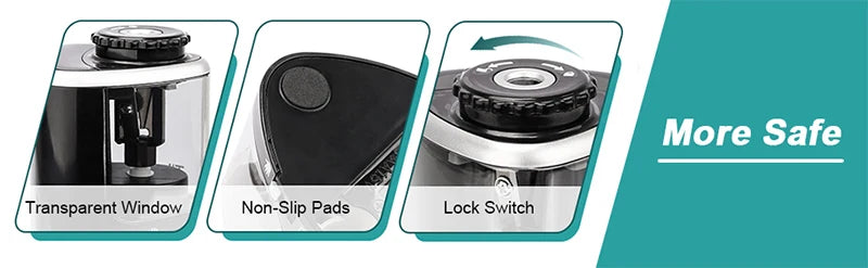 Features of an electric pencil sharpener including a transparent window, non-slip pads, and a lock switch.