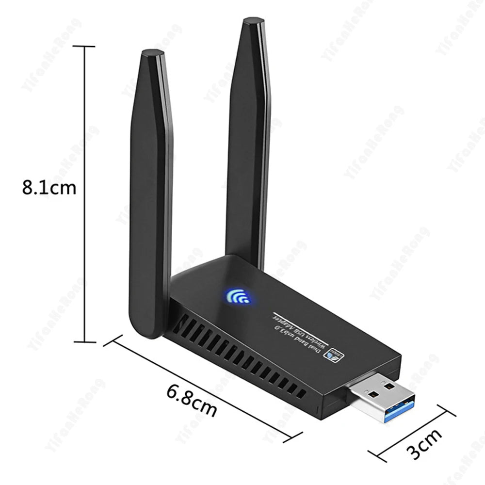 A black high-speed dual-band USB Wi-Fi adapter with two antenna spikes and a connector.