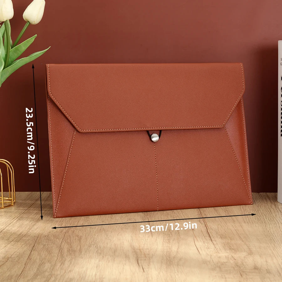 A brown leather document organizer bag with a flap closure shown next to a white tulip.