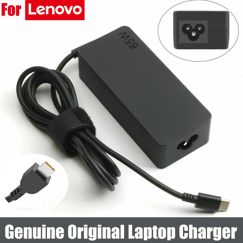 Black Lenovo laptop charger with USB-C cable and adapter shown on a white background.