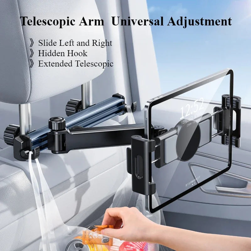 A close-up of a telescopic arm mount for a tablet holder attached to a car headrest.