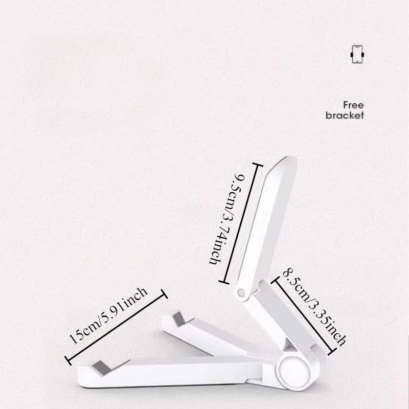 A white foldable adjustable tablet stand shown in a side view with measurements.