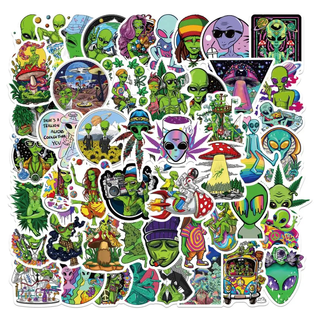 A collection of 50 psychedelic alien and leaf stickers featuring various green, purple, and pink-skinned characters.