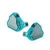 A pair of turquoise wired in-ear monitors with silver accents.