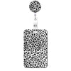 A leopard print retractable badge holder with a circular clip and a rectangular holder.