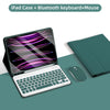 A green iPad case is shown open, displaying a laptop with a Bluetooth keyboard and mouse.
