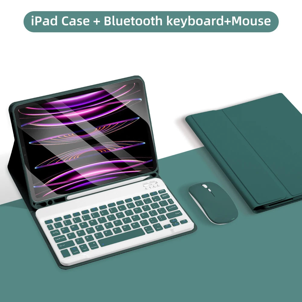 A green iPad case is shown open, displaying a laptop with a Bluetooth keyboard and mouse.